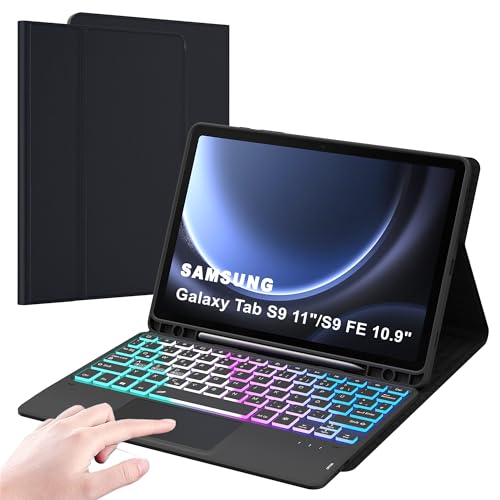 ROOFEI Galaxy Tab S9 FE/S9 Hülle mit Tastatur QWERTZ : 3-Zonen-7-Farbige DIY Hintergrundbeleuchtung, Smart Touchpad, Abnehmbare Tastatur Hülle für Samsung Galaxy Tab S9 FE 10.9''/Tab S9 11'' 2023 von ROOFEI