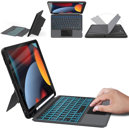 ROOFEI Tastatur Hülle für iPad 10.2 Zoll (9/8/7 Generation - 2021/2020/2019), iPad Air 3 & iPad Pro 10.5 -Abnehmbare Tastatur mit Touchpad & 7 Farbige Beleuchtung & Kickstand -Deutsches QWERTZ-Layout von ROOFEI