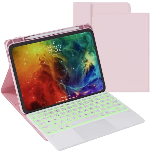 ROOFEI iPad 10. Generation Tastatur QWERTZ - 7 Farbige Hintergrundbeleuchtete Multi-Touch-Trackpad-Tastatur Hülle mit Stifthalter für Frauen iPad 10th Generation 10.9'' 2022 (Pink) von ROOFEI