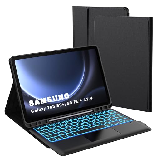 Tastatur Hülle für Samsung Galaxy Tab S9 FE Plus /S9 Plus 12,4 Zoll - 7 Farbige Beleuchtung Touchpad Folio Tablet Cover - Beleuchtete Deutsches QWERTZ Layout Tastatur für Tab S9 FE+ /S9+ Schwarz von ROOFEI