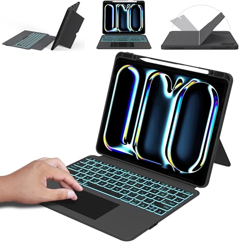 für iPad Pro 13 Zoll (M4) 2024 Hülle mit Abnehmbarer QWERTZ Tastatur : 7 Farbige Beleuchtung, Smart Touchpad, vertikaler Ständer, Auto Einschlafen/Aufwachen, Tastatur Hülle für 13" iPad Pro M4 2024 von ROOFEI
