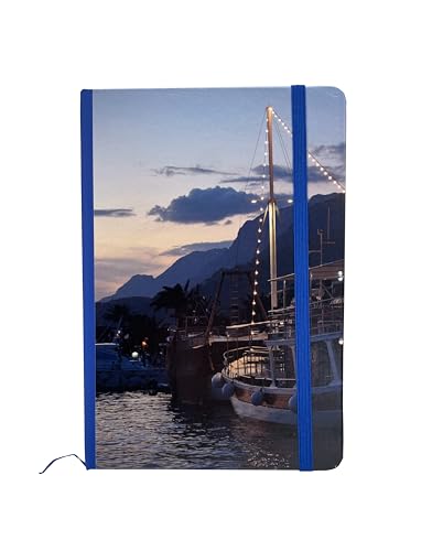 ROOGU Notizbuch A5 | Adriatisches Meer Hafen & Biokovo Gebirge | 160 Seiten Blanko | Hardcover Kunstleder | Reisetagebuch Skizzenbuch | Künstlerisches Design von ROOGU
