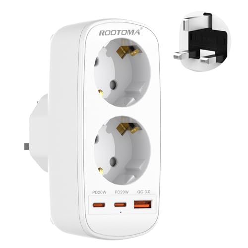 Adapter England Deutschland Stecker, UK Adapter mit 3 USB (2 PD20W 1 QC3.0), Steckdosenadapter England 2 Fach Reiseadapter Typ G für UK, Ireland, Dubai, Malediven, London von ROOTOMA