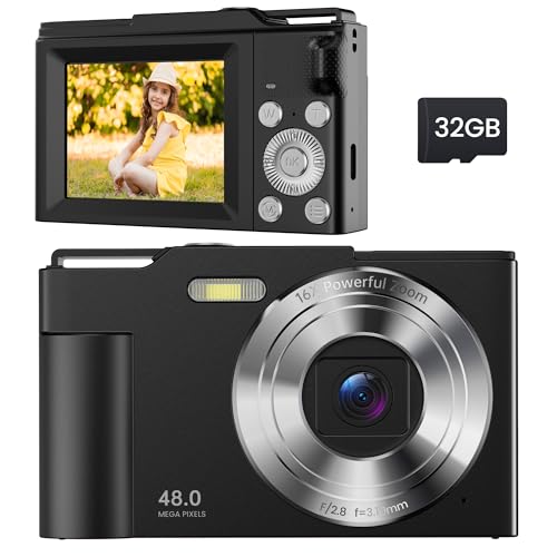Digitalkamera Kinder - 48MP Digital Kamera 1080P FHD 16X Digitalzoom - Kompaktkamera Mini mit 2.8 LCD Monitor- Fotoapparat mit 32GB Karte - Fotokamera mit Akku - Digital Camera Schwarz Für Teenager von ROQIOO