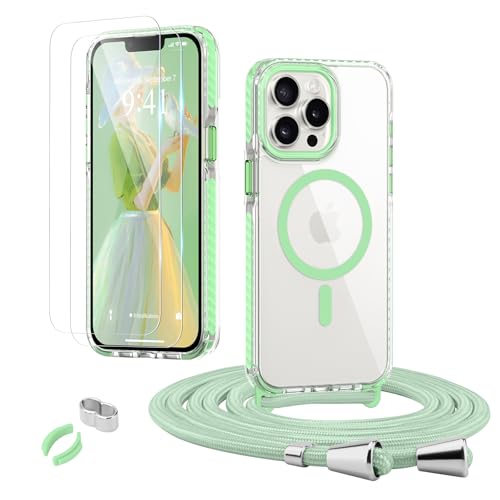 ROSEHUIHandyhülle für iPhone 13 Pro [Abnehmbar Handykette Umhängen] Kompatible with Magsafe Necklace Hülle Durchsichtig Silikon Case mit Band, mit 2 Stück Glas Schutzfolie Schutzhülle,Grün von ROSEHUI