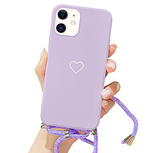 ROSEHUI Handykette Hülle für iPhone 11 Mädchen Herz Love Design Weiche Silikon Bumper Kordel zum Umhängen Halskette Handyhülle Ultra Dünne Schutzhülle mit Band,Lila von ROSEHUI