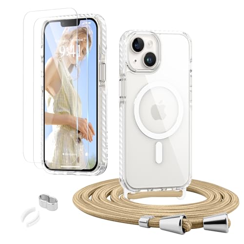 ROSEHUIHandyhülle für iPhone 13,iPhone 14 [Abnehmbar Handykette Umhängen] Kompatible with Magsafe Necklace Hülle Durchsichtig Silikon Case mit Band, mit 2 Stück Glas Schutzfolie Schutzhülle,Weiß von ROSEHUI