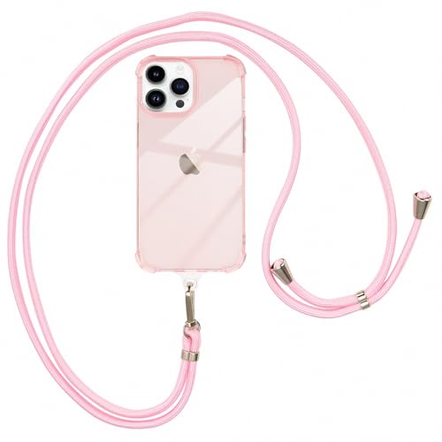 ROSEHUI Handykette Hülle für iPhone 13 Pro Max mit Band, Rundum Anti-Fall Airbag Rahmen Necklace Transparent Handyhülle Silikon Case zum Umhängen Kordel Abnehmbar Stoßfeste Schutzhülle,Rosa von ROSEHUI