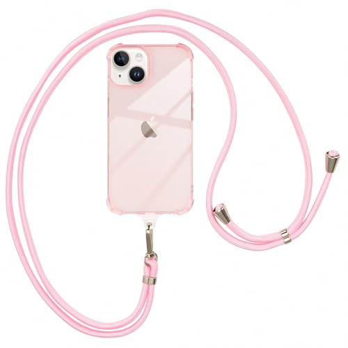 ROSEHUI Handykette Hülle für iPhone 14,iPhone 13 mit Band, Rundum Anti-Fall Airbag Rahmen Necklace Transparent Handyhülle Silikon Case zum Umhängen Kordel Abnehmbar Stoßfeste Schutzhülle,Rosa von ROSEHUI