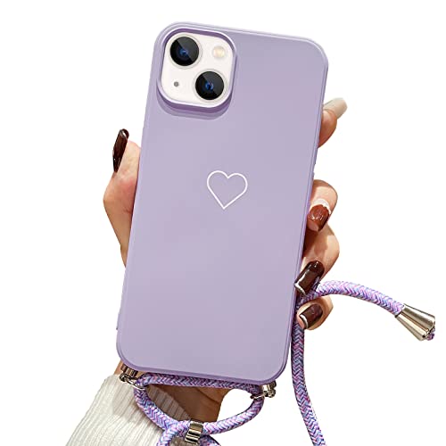 ROSEHUI Handykette Kompatibel mit iPhone 13 Hülle Mädchen Herz Love Design Weiche Silikon Bumper Kordel zum Umhängen Halskette Handyhülle Ultra Dünne Schutzhülle mit Band,Lila von ROSEHUI