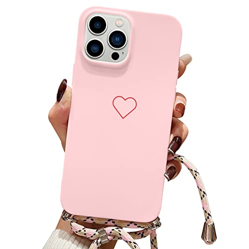 ROSEHUI Handykette Kompatibel mit iPhone 13 Pro Hülle Mädchen Herz Love Design Weiche Silikon Bumper Kordel zum Umhängen Halskette Handyhülle Ultra Dünne Schutzhülle mit Band,Rosa von ROSEHUI