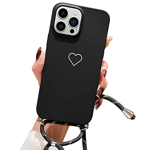 ROSEHUI Handykette Kompatibel mit iPhone 13 Pro Hülle Mädchen Herz Love Design Weiche Silikon Bumper Kordel zum Umhängen Halskette Handyhülle Ultra Dünne Schutzhülle mit Band,Schwarz von ROSEHUI