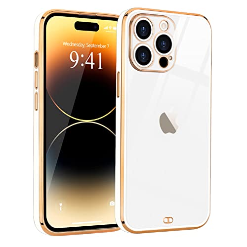 ROSEHUI Hülle für iPhone 14 Pro Max Transparente Handyhülle Galvanisierte Goldener Rahmen [Vergilbungsfrei & Dünn] Weiche Silikon Bumper mit Kameraschutz Crystal Clear Stoßfest Schutzhülle,Weiß von ROSEHUI
