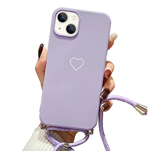 ROSEHUI Kompatibel mit iPhone 14 Hülle mit Band Mädchen Herz Love Design Handykette Kordel zum Umhängen Halskette Handyhülle Ultra Dünne Silikon TPU Schutzhülle für iPhone 14,Lila von ROSEHUI