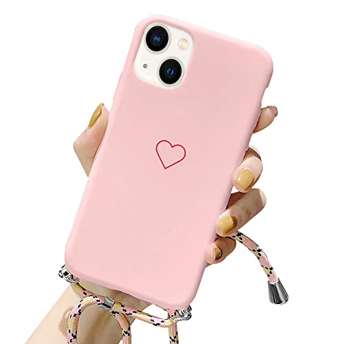 ROSEHUI Kompatibel mit iPhone 14 Plus Hülle mit Band Mädchen Herz Love Design Handykette Kordel zum Umhängen Halskette Handyhülle Ultra Dünne Silikon TPU Schutzhülle für iPhone 14 Plus,Rosa von ROSEHUI