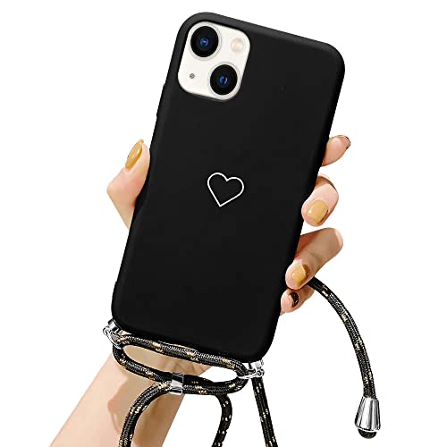 ROSEHUI Kompatibel mit iPhone 14 Plus Hülle mit Band Mädchen Herz Love Design Handykette Kordel zum Umhängen Halskette Handyhülle Ultra Dünne Silikon TPU Schutzhülle für iPhone 14 Plus,Schwarz von ROSEHUI