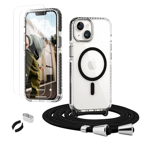 ROSEHUIHandyhülle für iPhone 13 Pro Max [Abnehmbar Handykette Umhängen] Kompatible with Magsafe Necklace Hülle Durchsichtig Silikon Case mit Band, mit 2 Stück Glas Schutzfolie Schutzhülle,Schwarz von ROSEHUI