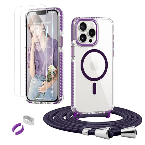 ROSEHUIHandyhülle für iPhone 13 Pro [Abnehmbar Handykette Umhängen] Kompatible with Magsafe Necklace Hülle Durchsichtig Dünn Silikon Case mit Band, mit 2 Stück Glas Schutzfolie Schutzhülle,Lila von ROSEHUI