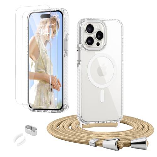 ROSEHUIHandyhülle für iPhone 15 Pro Max [Abnehmbar Handykette Umhängen] Kompatible with Magsafe Necklace Hülle Durchsichtig Dünn Silikon Case mit Band, mit 2 Stück Glas Schutzfolie Schutzhülle,Weiß von ROSEHUI
