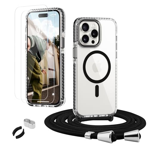 ROSEHUIHandyhülle für iPhone 15 Pro Max [Abnehmbar Handykette Umhängen] Kompatible with Magsafe Necklace Hülle Durchsichtig Silikon Case mit Band, mit 2 Stück Glas Schutzfolie Schutzhülle,Schwarz von ROSEHUI