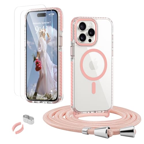 ROSEHUIHandyhülle für iPhone 15 Pro [Abnehmbar Handykette Umhängen] Kompatible with Magsafe Necklace Hülle Durchsichtig Dünn Silikon Case mit Band, mit 2 Stück Glas Schutzfolie Schutzhülle,Rosa von ROSEHUI