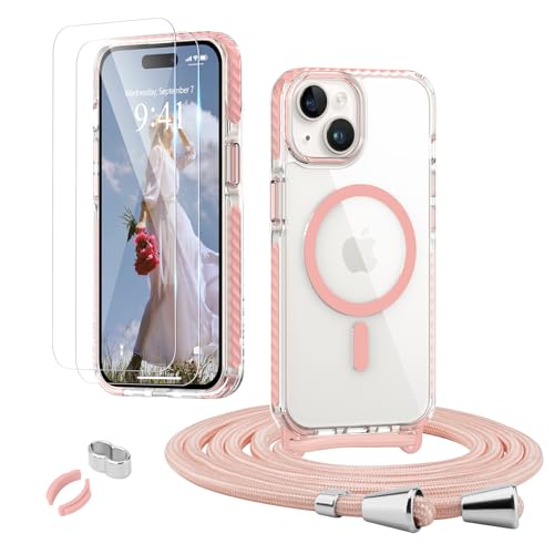 ROSEHUIHandyhülle für iPhone 15 [Abnehmbar Handykette Umhängen] Kompatible with Magsafe Necklace Hülle Durchsichtig Dünn Silikon Case mit Band, mit 2 Stück Glas Schutzfolie Schutzhülle,Rosa von ROSEHUI