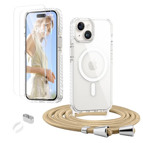 ROSEHUIHandyhülle für iPhone 15 [Abnehmbar Handykette Umhängen] Kompatible with Magsafe Necklace Hülle Durchsichtig Dünn Silikon Case mit Band, mit 2 Stück Glas Schutzfolie Schutzhülle,Weiß von ROSEHUI