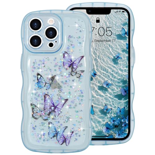ROSEHUI Hülle für iPhone 13 Pro Max,Schmetterling Handyhülle Niedliche lockige Wellen Rahmenform Bumper Cover Transparent Glitzer Kameraschutz Mädchen Silikon TPU Case Kratzfeste Schutzhülle,Blau ROSEHUI Hülle für iPhone 13 Pro Max,Schmetterling Handyhülle Niedliche lockige Wellen Rahmenform Bumper Cover Transparent Glitzer Kameraschutz Mädchen Silikon TPU Case Kratzfeste Schutzhülle,Blau von ROSEHUI