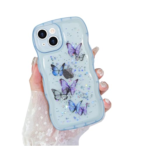 ROSEHUI Hülle für iPhone 15,Schmetterling Handyhülle Niedliche lockige Wellen Rahmenform Bumper Cover Transparent Glitzer Kameraschutz Mädchen Silikon TPU Case Kratzfeste Schutzhülle,Blau ROSEHUI Hülle für iPhone 15,Schmetterling Handyhülle Niedliche lockige Wellen Rahmenform Bumper Cover Transparent Glitzer Kameraschutz Mädchen Silikon TPU Case Kratzfeste Schutzhülle,Blau von ROSEHUI