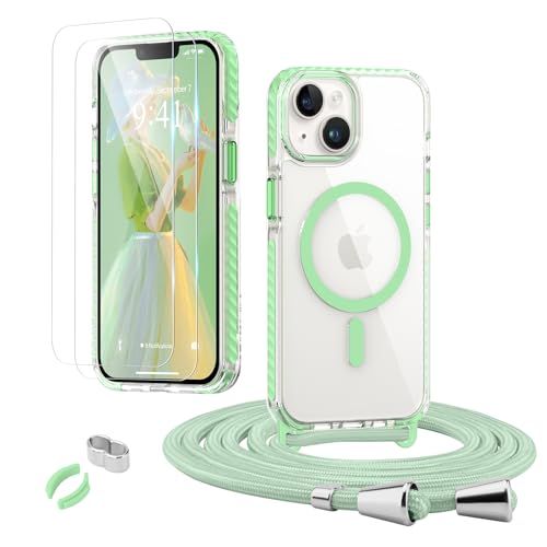 ROSEHUIHandyhülle für iPhone 13,iPhone 14 [Abnehmbar Handykette Umhängen] Kompatible with Magsafe Necklace Hülle Durchsichtig Silikon Case mit Band, mit 2 Stück Glas Schutzfolie Schutzhülle,Grün von ROSEHUI