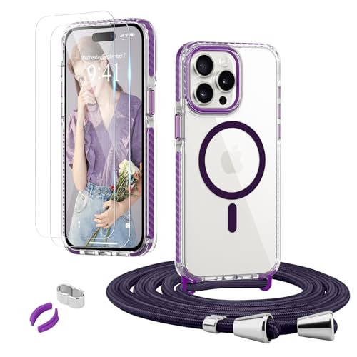 ROSEHUIHandyhülle für iPhone 14 Pro Max [Abnehmbar Handykette Umhängen] Kompatible with Magsafe Necklace Hülle Durchsichtig Dünn Silikon Case mit Band, mit 2 Stück Glas Schutzfolie Schutzhülle,Lila von ROSEHUI