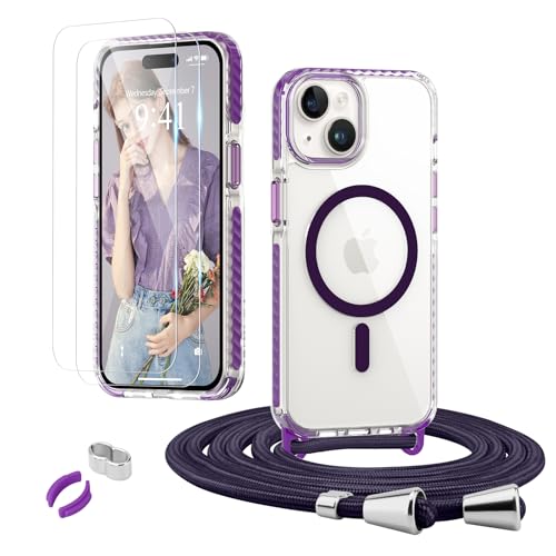 ROSEHUIHandyhülle für iPhone 15 [Abnehmbar Handykette Umhängen] Kompatible with Magsafe Necklace Hülle Durchsichtig Dünn Silikon Case mit Band, mit 2 Stück Glas Schutzfolie Schutzhülle,Lila von ROSEHUI