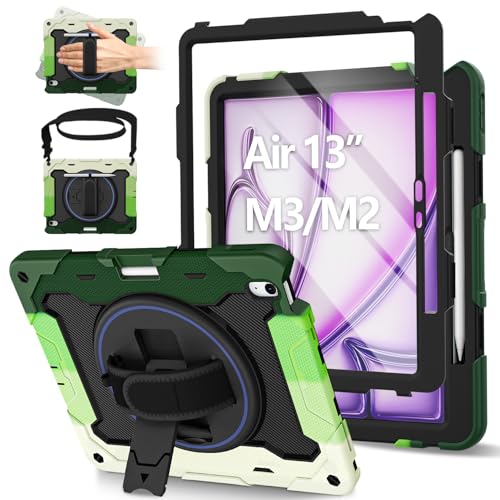 ROSROME Schutzhülle für iPad Air 13 Zoll 2025 (M3)/2024 (M2) mit HD-Displayschutzfolie, strapazierfähig, stoßfest, Kinderabdeckung mit 360° drehbarem Ständer, Handschlaufe, Schultergurt, Stifthalter von ROSROME