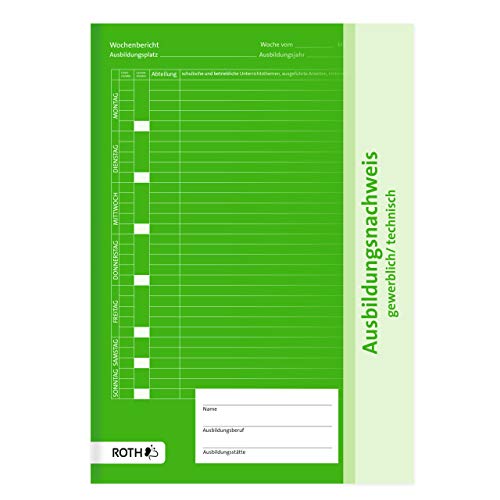 ROTH Ausbildungsnachweis gewerblich/technisch, grün, A4, 1 Woche auf 2 Seiten, 26 Wochen, geklammert von ROTH