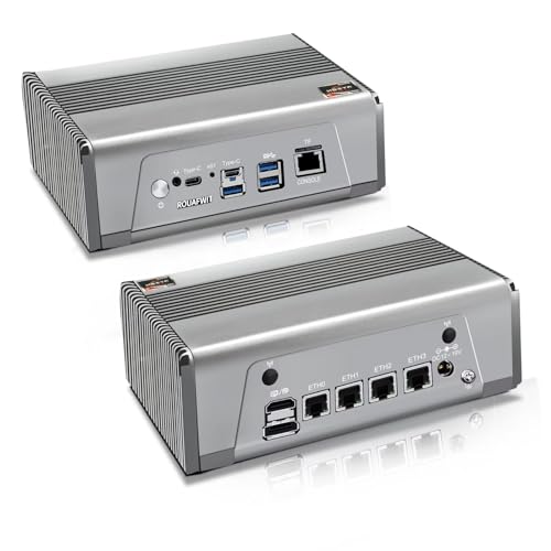 ROUAFWIT Mini PC Firewall AMD Ryzen R7 7840HS, DDR5 16GB RAM 128GB SSD Micro Büro Desktop Computer, 4 x Intel-i226V 2.5GbE Gigabit, USB4 40Gbps, Type-C 10G, Dual Lüfter, WiFi, BT, Gray von ROUAFWIT