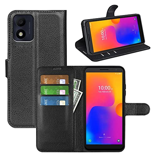 ROVLAK Hülle Kompatibel mit Alcatel 1B (2022) Wallet Flip Case mit Kartenslot Stoßfeste Lichee Muster PU Leder Case+Inner TPU Silikon Hülle mit Kickstand Tasche,Schwarz von ROVLAK