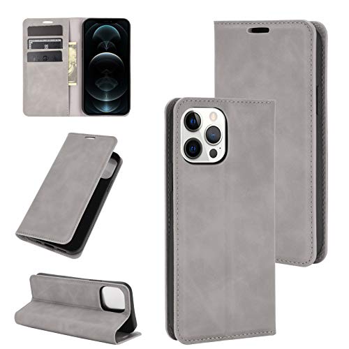 ROVLAK Hülle Magnetisch für iPhone 12 Pro Wallet Flip Case mit Kartenslot Stoßfeste PU Leder Case+Inner TPU Silikon Hülle mit Stand Tasche für iPhone 12 Pro Smartphone,Grau von ROVLAK