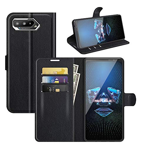 ROVLAK Hülle für ASUS ROG Phone 5 Wallet Flip Case mit Kartenslot Stoßfeste Lichee Muster PU Leder Case+Inner TPU Silikon Hülle mit Kickstand Tasche für ASUS ROG Phone 5 Smartphone,Schwarz von ROVLAK