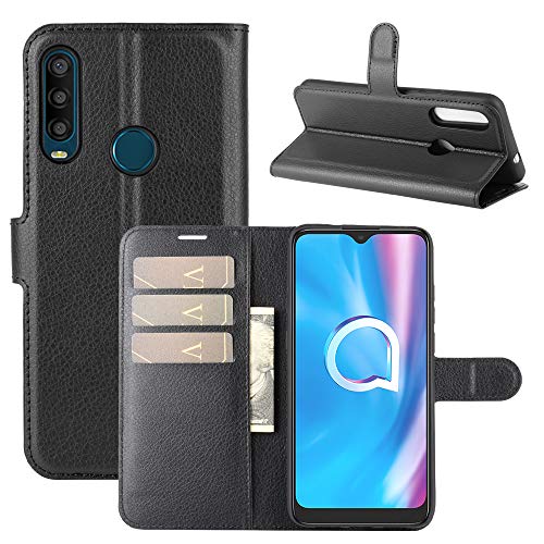 ROVLAK Hülle für Alcatel 1SE 2020 Wallet Flip Case mit Kartenslot Stoßfeste Lichee Muster PU Leder Case+Inner TPU Silikon Hülle mit Kickstand Tasche für Alcatel 1SE 2020 Smartphone,Schwarz von ROVLAK