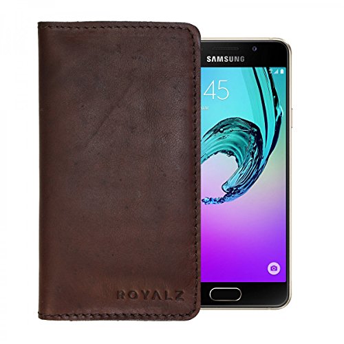 ROYALZ Ledertasche für Samsung Galaxy A3 2016 Lederhülle Tasche Cover Hülle Lederetui Wallet Schutztasche Schutzhülle Sleeve Brieftasche Geldbörse Leder Cognac braun von ROYALZ