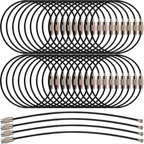 ROYHOO 50 Stück schwarze Edelstahl-Draht-Schlüsselanhänger, Kabel, Schlüsselanhänger, robuste Gepäckanhänger, Schlaufen, Taghalter, 1,5 mm Drehschaft (Kabellänge: 15 cm) von ROYHOO
