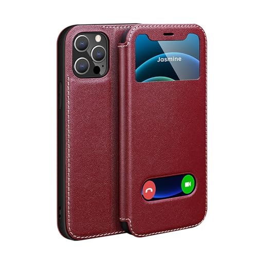 RQAMRCU Hülle Für iPhone 16/16 Pro/16 Pro Max/16 Plus, Echtleder-Flip-Stand-Handytasche HD-Sichtfenster Handyhülle Stoßfeste Kratzfeste Schale(Rot,16 Pro Max) von RQAMRCU