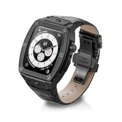 RR YUEUYA RYUEUYA Luxus-Designergehäuse aus Edelstahl und Lederarmband für Apple Watch Series 9 8 7 6 SE 44/45mm - Taktischen Funktionen und Schnellwechselband für die iWatch, B-BL von RR YUEUYA