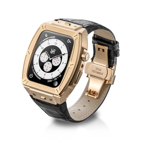 RYUEUYA Luxus-Designergehäuse aus Edelstahl und Lederarmband für Apple Watch Series 9 8 7 6 SE 44/45mm - Taktischen Funktionen und Schnellwechselband für die iWatch, G-BL von RR YUEUYA