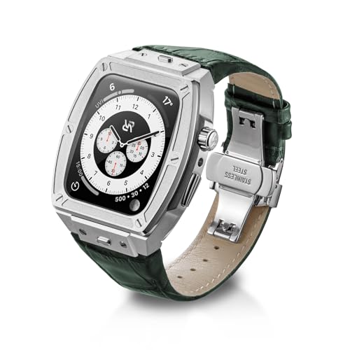 RYUEUYA Luxus-Designergehäuse aus Edelstahl und Lederarmband für Apple Watch Series 9 8 7 6 SE 44/45mm - Taktischen Funktionen und Schnellwechselband für die iWatch, S-GL von RR YUEUYA