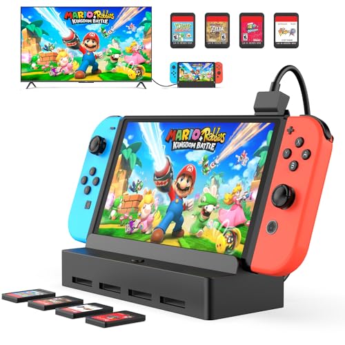 7 in 1 Switch Dock for Nintendo Switch OLED TV Adapter Switch Docking Station with HDMI 4 Game Card Slot USB 3.0 Port Type C Charging USB C Switch Cartridge Switcher Base Cassette Portable Stand von RREAKA