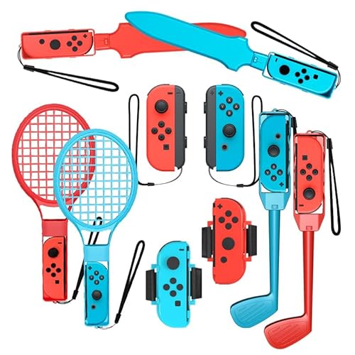 Switch Sports Accessories Bundle for Nintendo Switch Games, 10-in-1 Family Party Pack Set Kit for Switch OLED Sports Games Tennis Rackets, Golf Clubs, Chambara Swords, Soccer Leg Straps & Joycon Grips von RREAKA