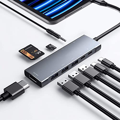 RREAKA USB C HUB für iPad Pro 9-in-1 Adapter iPad Pro 12.9 11 Zoll iPad Air 5 4 mit 4K HDMI, USB-C PD Aufladung, SD/Micro SD Kartenleser, USB 3.0, 3.5mm Audio Klinke Typ C Daten iPad Mini 6 Zubehör von RREAKA