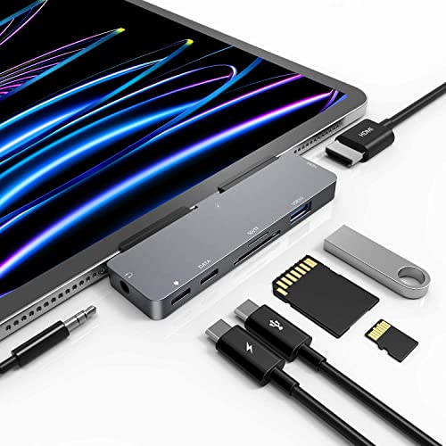 USB C Hub für iPad Pro, 7-in-1 Adapter für iPad Pro M4 M2 M1 13 12.9 11 Zoll iPad Air Docking Station mit 4K HDMI, PD Aufladung, SD/TF Kartenleser, USB 3.0, 3.5mm Audio Klinke, iPad Mini 6 Zubehör von RREAKA