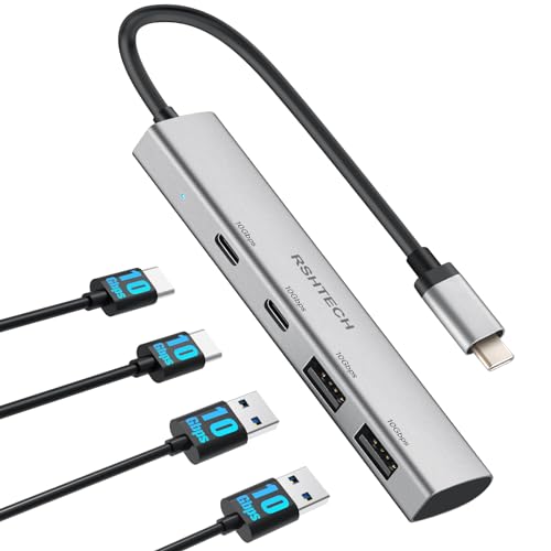 10Gbps USB C Hub, RSHTECH 4-Port USB 3.1/3.2 Gen2 Hub mit 2 USB-A & 2 USB-C Datenports Portable Multiport Adapter Ultra Slim USB C Verteiler Aluminum USB C Splitter Datenhub für MacBook M2 M1, RX05 von RSHTECH